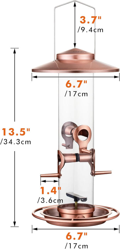 iBorn Bird Feeders for Outdoors, 2LB Metal Bird Feeders 17cm Large Roof &Tray, 4 Feeding Ports, Brushed Copper Finishing
