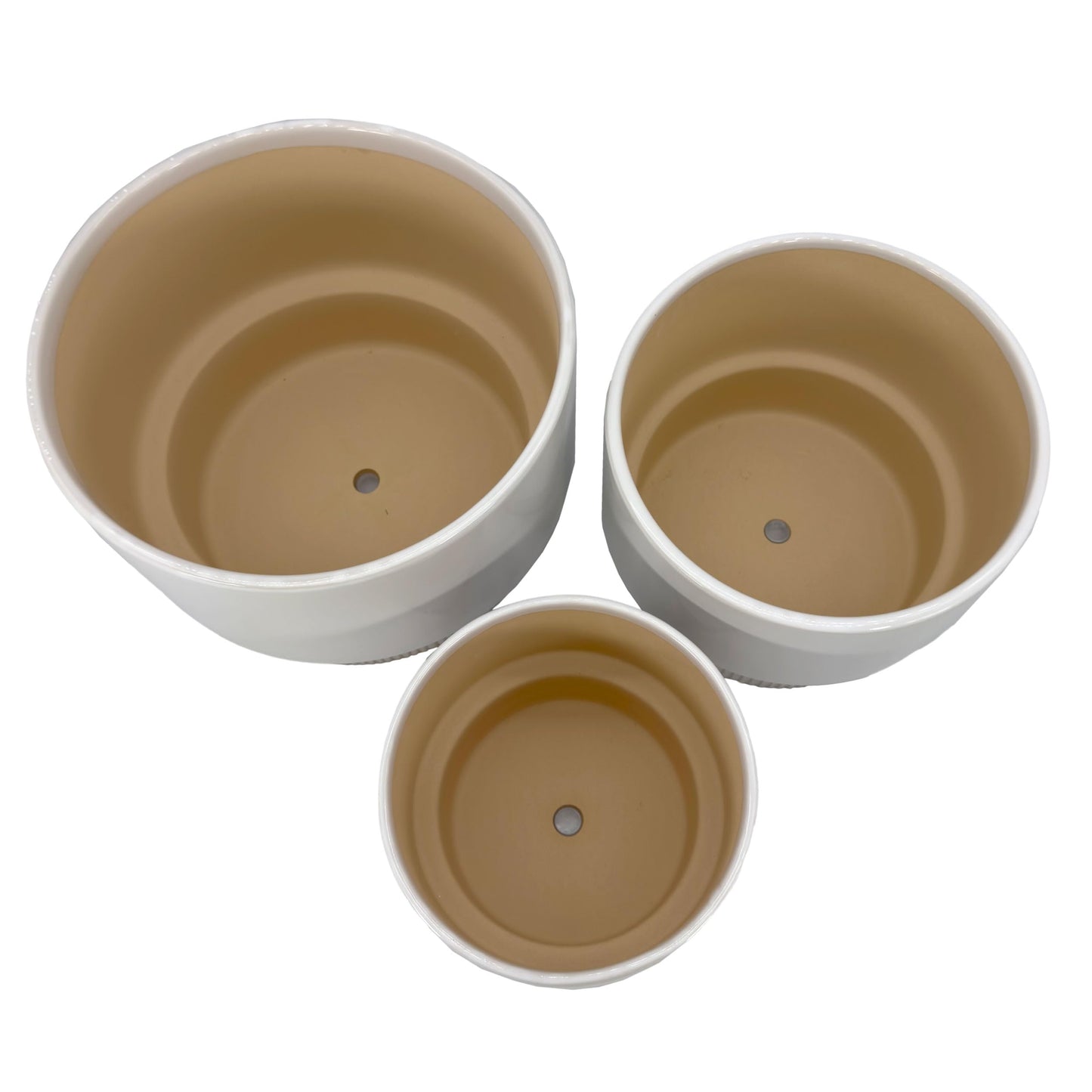 Galt International Set of 3 (8", 10", 12") Mid Century Modern Off White Flat Ribbed Ceramic Planter Pots Flower Pot Indoor House Plants Decor w/Drainage Hole & Plug