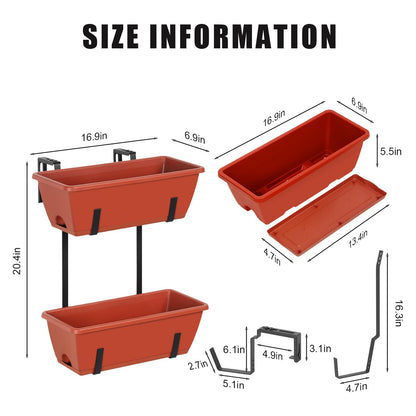 Railing Planter Box 4 Pack Window Boxes Planters 16.9 Inch Rectangular Planter with Adjustable Brackets 2 Tier Outdoor Balcony Hanging Planters Set of 2 for Railings Garden Porch Patio, Brick Red