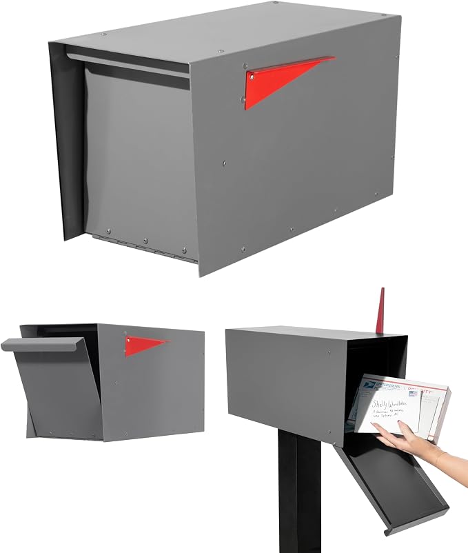 Ilyapa Modern Mailbox for Post Mount - Gray with Gray Door Powder Coated Steel, Waterproof Letter Box for Parcels, with Recessed Magnetic Close Door