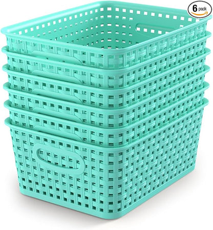 WYT 6-Pack Plastic Small Shelf Storage Weave Baskets Organizing for Cabinets and Pantries, Sky Blue