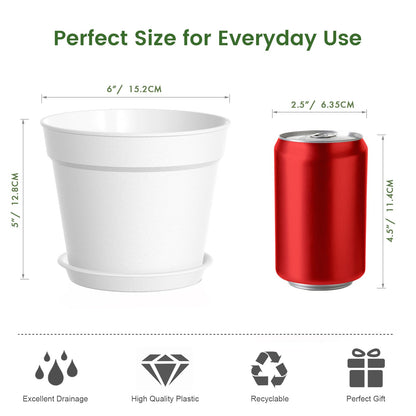 SwinDuck 20 Pack 6 Inch Plant Pots with Drainage and Saucers, White Plastic Flower Pots for Indoor and Outdoor Plants, Stackable Nursery Planters for Houseplants and Herbs, White
