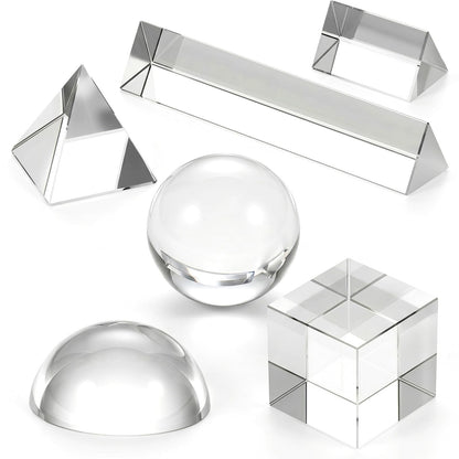 6 Pack K9 Optical Crystal Photography Prism Set Include 50mm and 150mm Clear Triangular Prism 50mm Lens Ball, Cube,Optical Pyramid and 60mm Dome Magnifying for Photography Effects Physics Optics