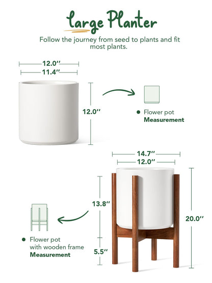 LE TAUCI 12 Inch Planter with Acacia Wood Stand, Large Ceramic Indoor Plant Pot with Drainage Hole & Plug, Mid Century Modern Plant Holder for Fiddle Leaf Fig, Monstera, Snake Plant, White