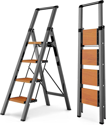 WOA WOA 4 Step Ladder, Ladders for Home, Anti-Slip Pedals, Aluminum Step Stool Foldable, Lightweight to Move, Ease of Storage, Reach 9ft for Closet Kitchen Library, Hold 300lbs - Black&Wood Grain