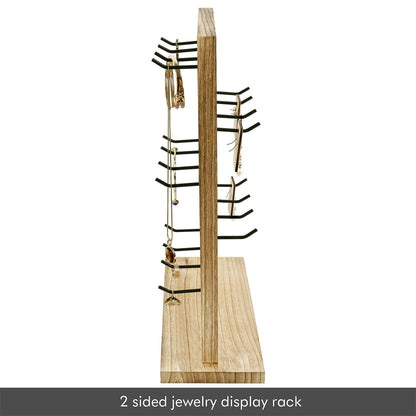 Ikee Design Free Assemble 2 Pcs Set Wooden Jewelry Display Rack with 20 Removable Metal Hooks/Each, Earring Display Holder Stand for Earring,Necklaces,Bracelet, Keychain Stand, Oak Color