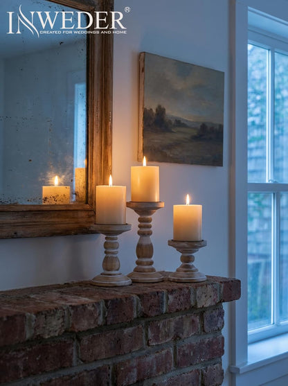 Inweder Wood Pillar Candle Holder: 3Pcs Rustic White Candle Holders for Pillar Candles Wood Candle Holders Distressed Wooden Farmhouse Candle Holder Large Rustic Candle Holder for Fireplace Table