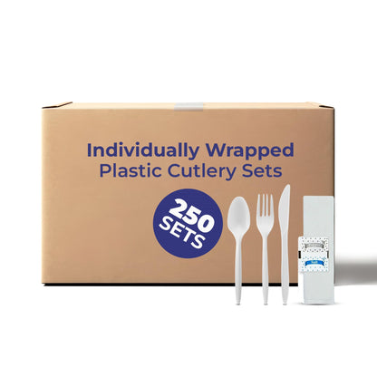 250 Pack Individually Wrapped Cutlery Set, Dispobasble Utensils Sets, White - Includes Disposable Cutlery Forks/Spoon/Knife/Napkin/Salt & Pepper - 250 Sets