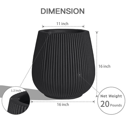 TerraDeco 16 Inch Handmade Concrete Outdoor Planter - Classic Striped Design | Fiberglass & Composite Material | Durable for Commercial & Home Decor (Black, Pear-Shaped)