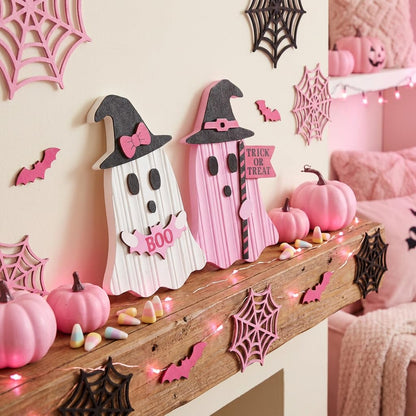 Valery Madelyn Pink Halloween Decorations, Set of 2 Cute Halloween Ghost Decor, Witch Hat Boo & Trick or Treat Wooden Tabletop Signs for Home, Shelf, Tiered Tray Party Display, 7 Inch