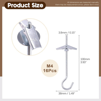 Wokape 64Pcs M4×75 Heavy Duty Carbon Steel Ceiling Hooks Spring Toggle Wing Bolts Wall Fixing Ceiling Hooks Pothook Wall Fixing Anchors Ceiling for Hanging Plants