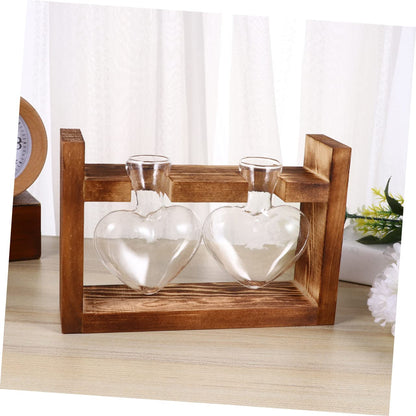 PRETYZOOM 2Pcs Retro Heart Shaped Hydroponics Planter with Wooden Rack Glass Vases for Flower Arrangement and Green Plant Propagation Temperature Resistant Decorative Terrarium for Home
