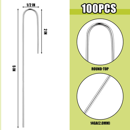 Pelopy 100 Pcs 1/2" Irrigation Drip Tubing Stakes 5 in J-Shaped Landscape Staples Garden Drip Line Stakes Soaker Hose Pins for Lawn Plant Yard Fence Ground Drips Systems, Silver