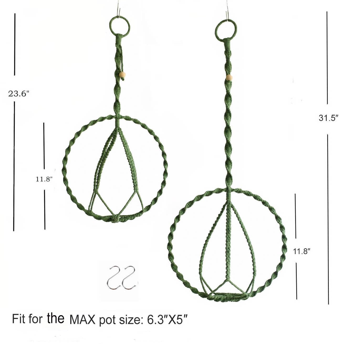 Macravine 2-Pack Handcraft Plant Hanger with Circular Ring, Hobo Art Planter Holder for Window, Macrame Plant Hanging Round, 2 Size 11.8"*23.6, 11.8 * 31.5", Green Color （No Pot and Plant Included
