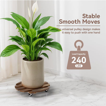 Lissomballon 2 Pack Plant Stand Indoor and Outdoor, 12IN Premium Wooden Plant Caddy with Wheels, Heavy Duty Plant Stands with 360° Lockable Wheels, Classic Plant Cart