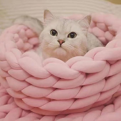 Woven Dog Bed Basket, Knitted Cotton Cat Bed Round Washable Woven Cat Pet Bed Chunky Dog Basket, Orthopedic, Chunky Knit Dog Nest,Dog Bed,Dog Cave,Dog Bedding(Pink,21")