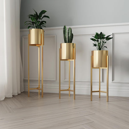 Myyixilau Gold Metal Plant Stand Set, Modern Minimalist Floor Standing Planter Holder with Cylindrical Pot, 3 Piece Indoor Decorative Flower Rack