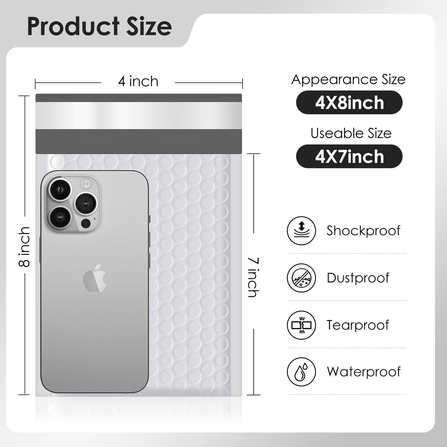packbabol Bubble Mailers 4x8" 50 Pack Grey and White Padded Envelopes Mailers Waterproof Usable Size 4x7 Self-Seal Padded Mailing Envelopes Bubble Opaque Padded Mailer for Small Businesses，#000