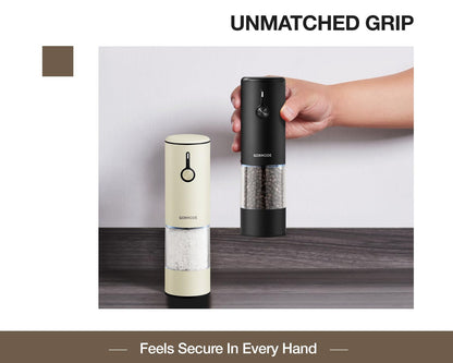 Stainless Steel Rechargeable Electric Salt and Pepper Grinder Set, USB Charging with Dust Cover, 6 Adjustable Grinding Modes + LED Light 2packBlack+Cream