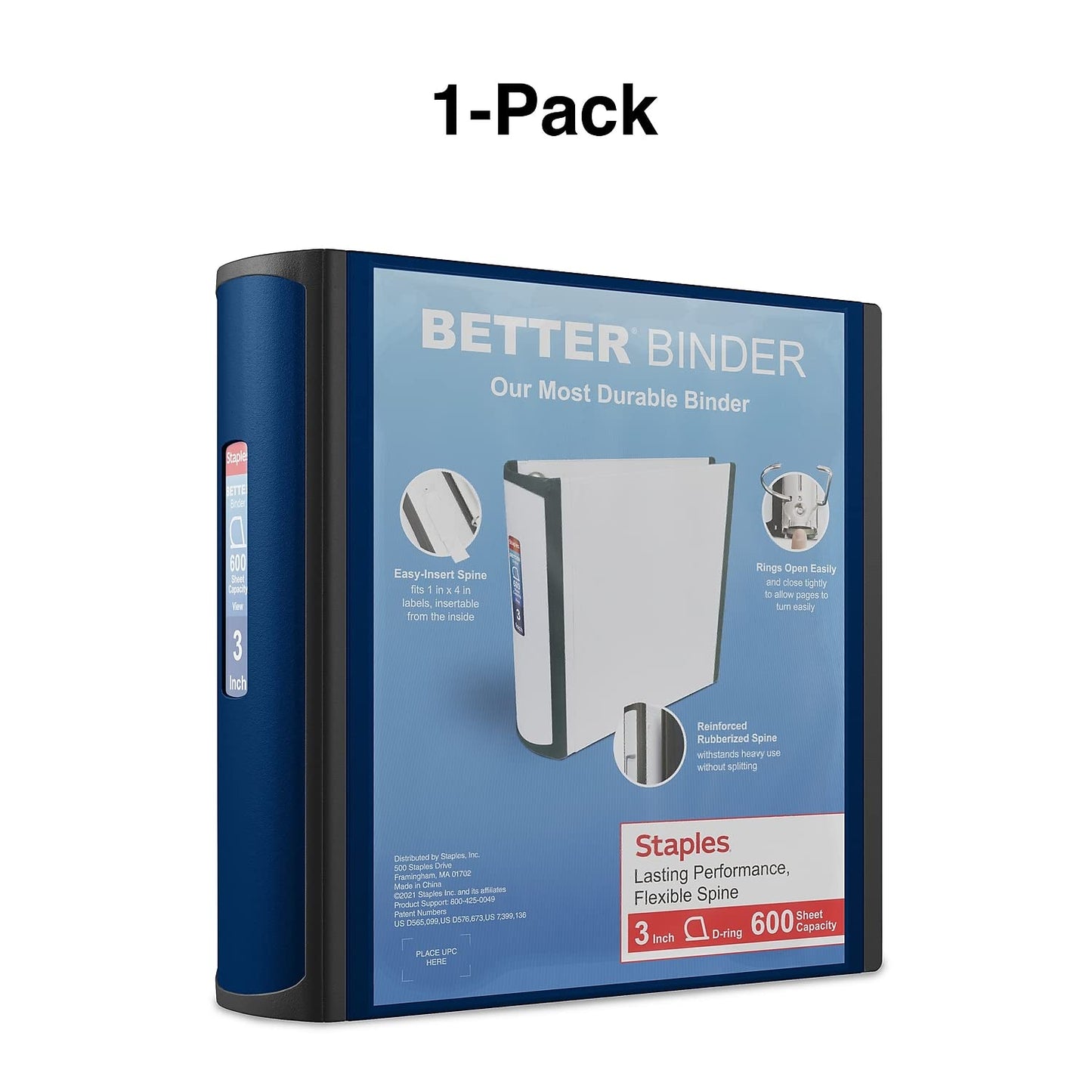 Staples Better Binder, 3" D‑Ring 3‑Ring Binder, Blue, Reinforced Rubber Spine, Heavy‑Duty Design, Holds up to 600 Sheets for School & Office