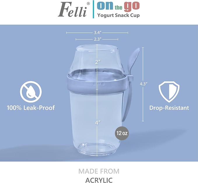 Felli On the Go Yogurt Parfait Snack Cup with Lid 100% Leak Proof, Reusable Travel Container with Spoon + Fruit & Granola Holder for To Go Cereal, Overnight Oats, Chia Pudding Jar (2, Blue Moon)