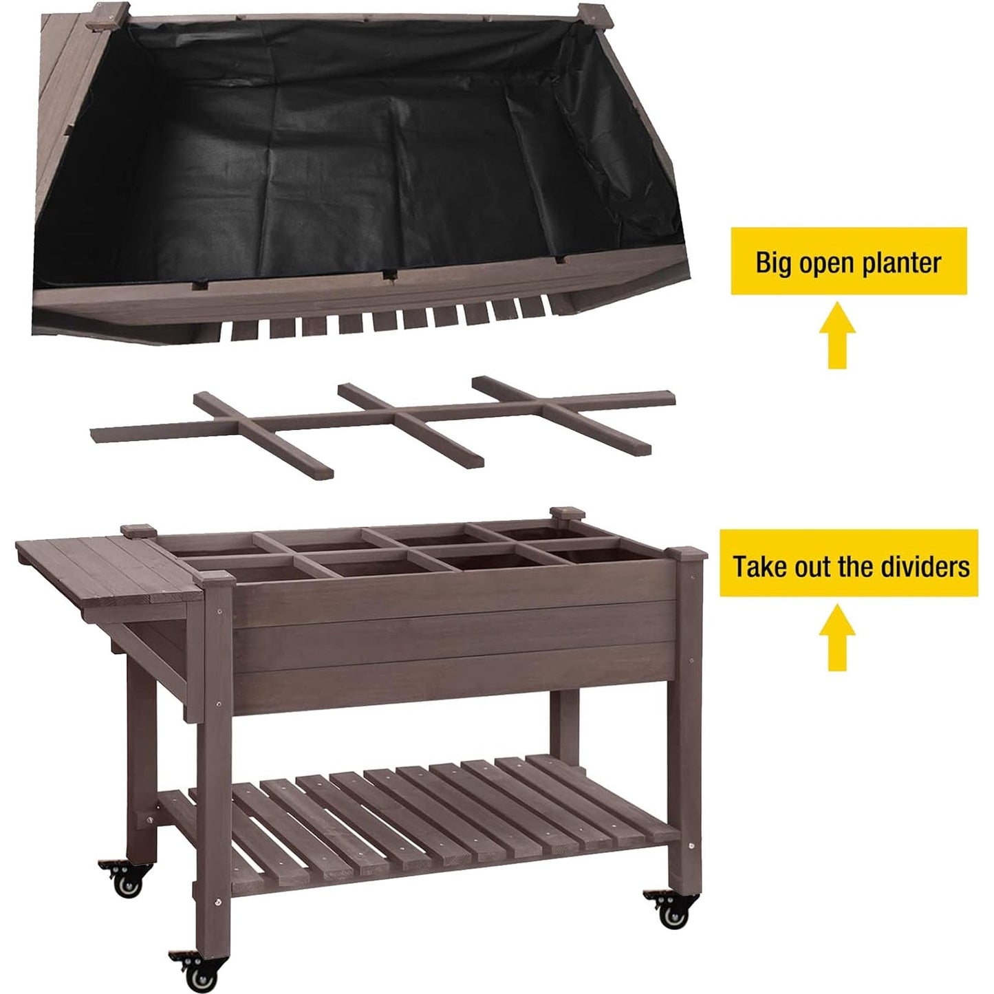 Aivituvin 52.7x22x30in Raised Garden Bed, Elevated Wood Planter Box Stand with Wheels for Outdoor Gardening, Liner Included, 230lbs Capacity