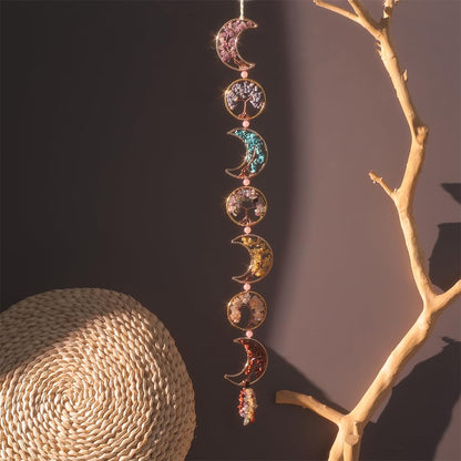 Chakra Wall Decor Tree of Life Crystal Stones Moon Wall Ornament Natrual Gemstones Hanging 7 Chakra Healing Crystals with Tumbled Tassel Suncatcher for Home Yoga Meditation Gift (Moons and Circles)
