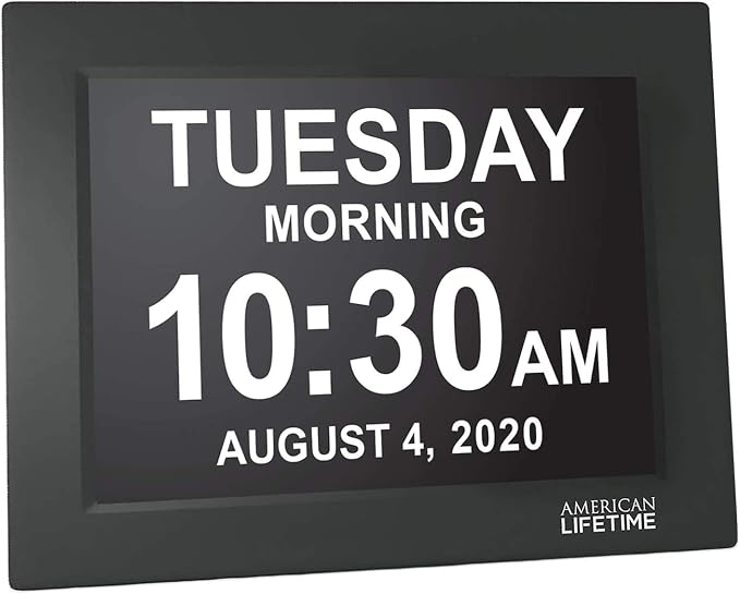 American Lifetime, New Version, Day Clock Extra Large Impaired Vision Digital Clock with Battery Backup and 5 Alarm Options Great Gift Ideas, 2 Pack Black