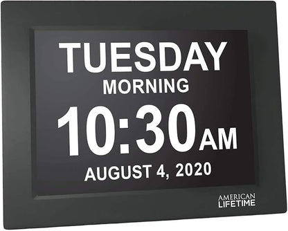 American Lifetime, New Version, Day Clock Extra Large Impaired Vision Digital Clock with Battery Backup and 5 Alarm Options Great Gift Ideas, 2 Pack Black