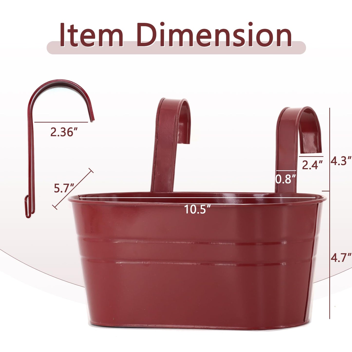 Meltset M 3 Pack Metal Railing Planters, 10.5" Oval Hanging Flower Pots with Detachable Hooks & Drainage Holes, Fits Rails up to 2.36", Galvanized Iron Fence Bucket for Balcony Garden Patio - Red
