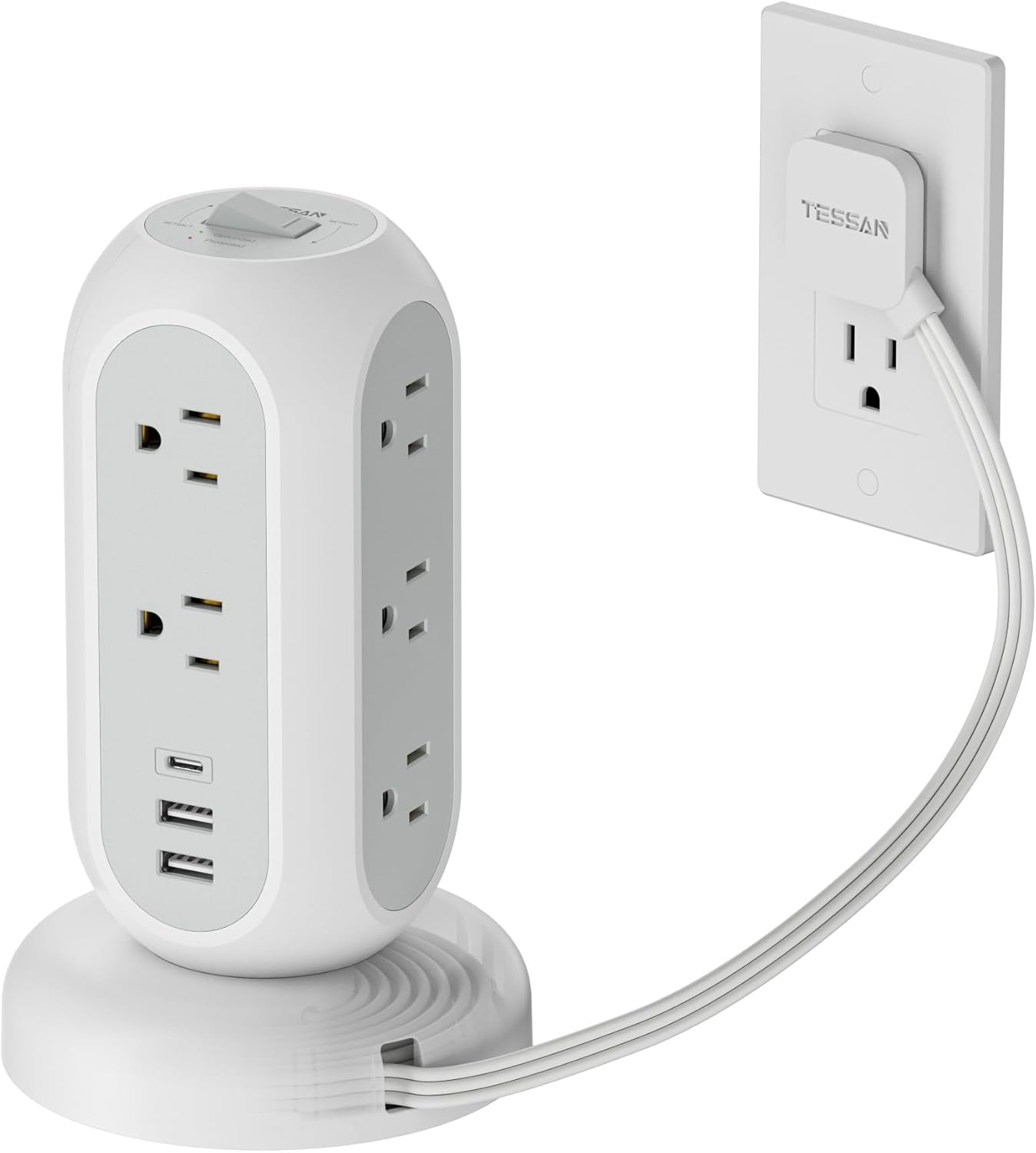 Surge Protector Power Strip Tower, TESSAN 5 FT Retractable Extension Cord with Multiple Outlets, 11 Outlets with 3 USB (1 USB C) Charging Station, 1050J, Office Desk Supplies, Dorm Essentials