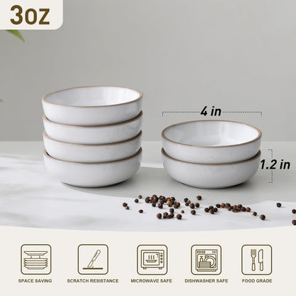 famiware Nature Ceramic Soy Sauce Dish, Dipping Bowls Set of 6, 3 oz Dipping Sauce Bowls/Dishes/Cups/Plates, Small Serving Bowls for Side Dishes, Condiments, Sushi, Appetizer, Dessert, Snowy White