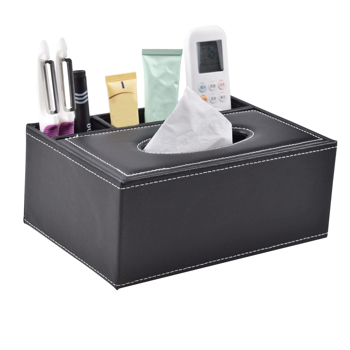 PU Leather Tissue Box Cover, Multifunctional Kleenex Box Covers Rectangular, Desktop Napkin Remote Control Holder, 3 Storage Grids Desk Organizer (Black)