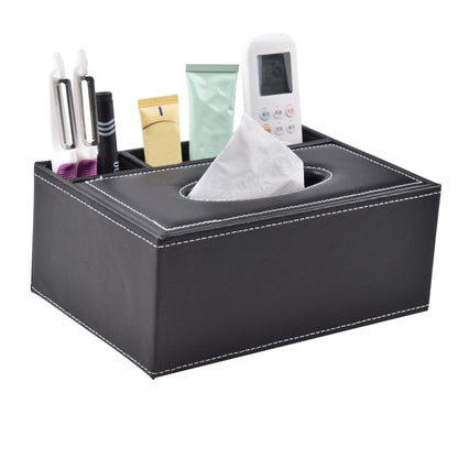 PU Leather Tissue Box Cover, Multifunctional Kleenex Box Covers Rectangular, Desktop Napkin Remote Control Holder, 3 Storage Grids Desk Organizer (Black)