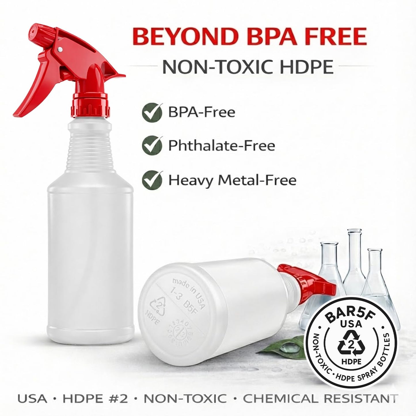 Bar5F Spray Bottles, 16 Oz, 4 Pack, Chemical-Resistant HDPE, BPA-Free, Non-Toxic, Red Trigger Sprayers, Refillable Empty Sprayer Bottle for Cleaning Solutions, Vinegar, Alcohol, Made in USA