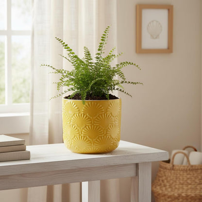 Xiaan Jiaju Boho Embossed Ceramic Planter, 6.7 Inch Contemporary Flower Pot for Indoor Plants, Bohemian Chic Decorative Glazed Plant Pot with Fan Texture, Butter Yellow