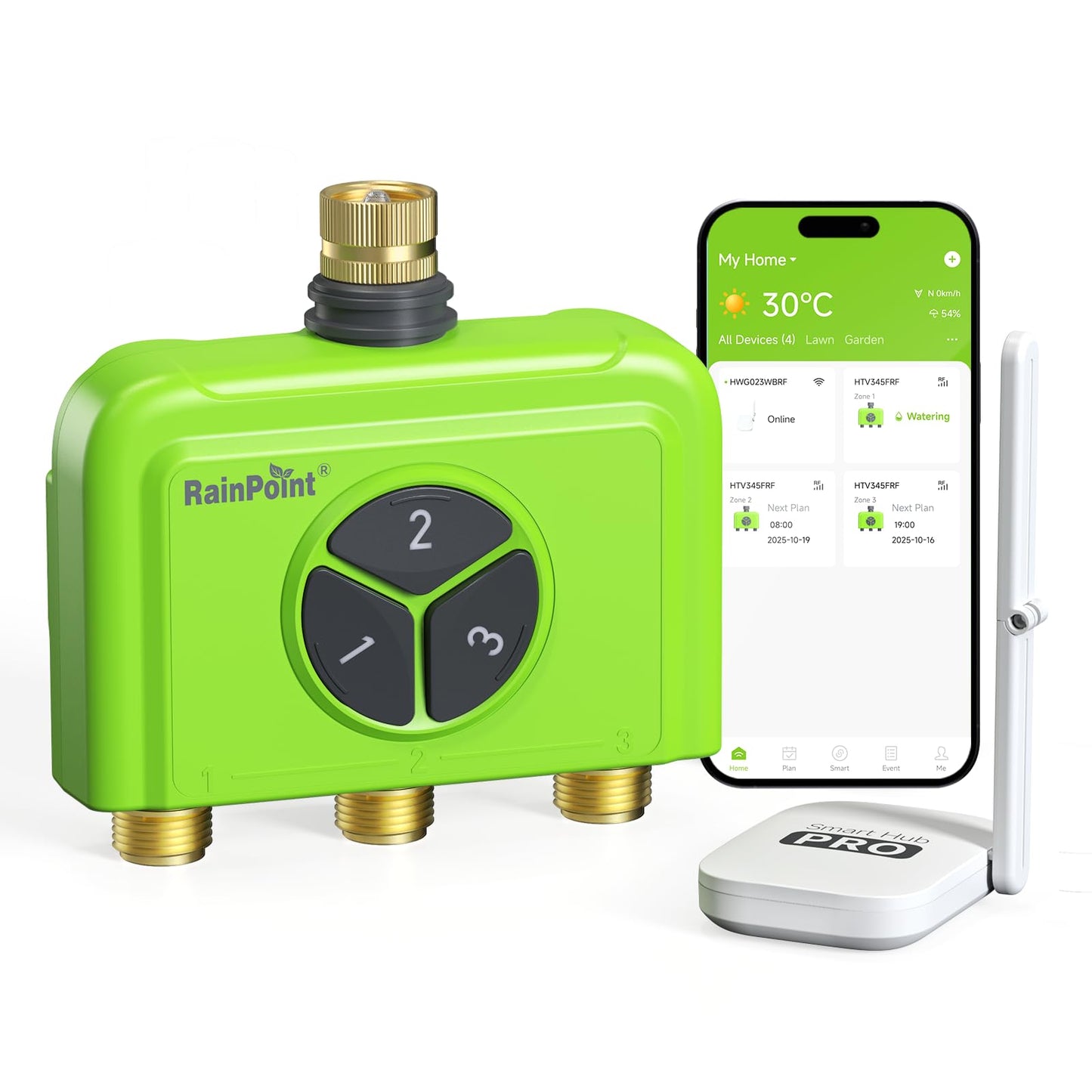 RAINPOINT 3 Zone WiFi Water Timer with Smart Gateway, Brass Inlet/Outlet WiFi Sprinkler Timer, Voice Control, Smart Watering System by Time/Weather/Quantity/Soil Moisture, Rain Delay & Manual Watering