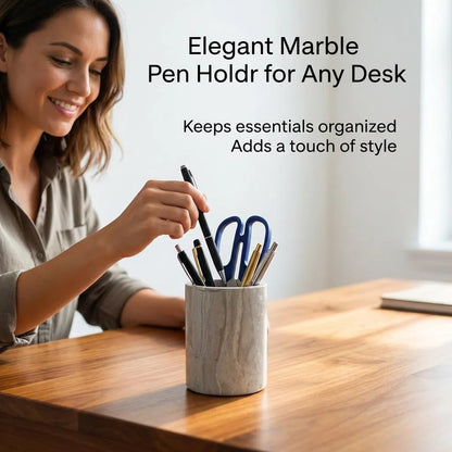 EEJHJNZZ Natural Marble Pen Holder for Desk, Handmade Organizer for Stationery & Makeup Brushes, Sturdy, Classic Grey Office Desk Decor and Gift Idea