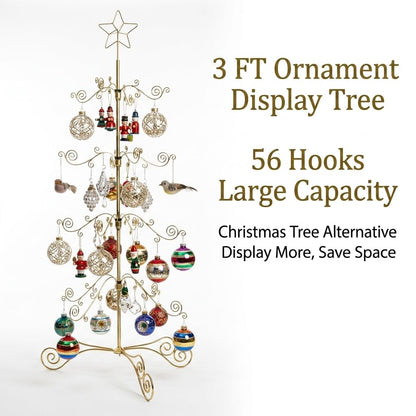 HOHIYA 3 Ft Wrought Iron Ornament Display Stand with 56 Hooks Metal Christmas Tree Alternative for Ornaments Halloween and Year-Round Decor Tabletop Rack Brass Gold