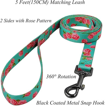 Dog Collar Leash Set, Floral Pattern, Polyester Material, Adjustable Collar and 5ft Matching Leash, for Large Dogs.(L, Green Rose)
