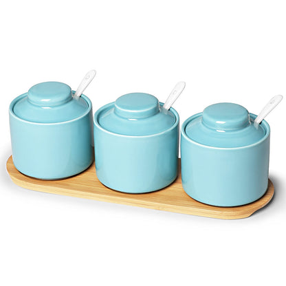 ONTUBE Ceramic Condiment Jar Set of 3 with Tray, Condiment Pot 8oz (Turquoise)