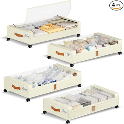 Yecaye Under Bed Storage with Wheels, 4 Pack Under the Bed Storage Containers with Lids & Label, XXL 60 L Rolling Underbed Storage Drawers for Clothes, Blankets, Shoes, Beige