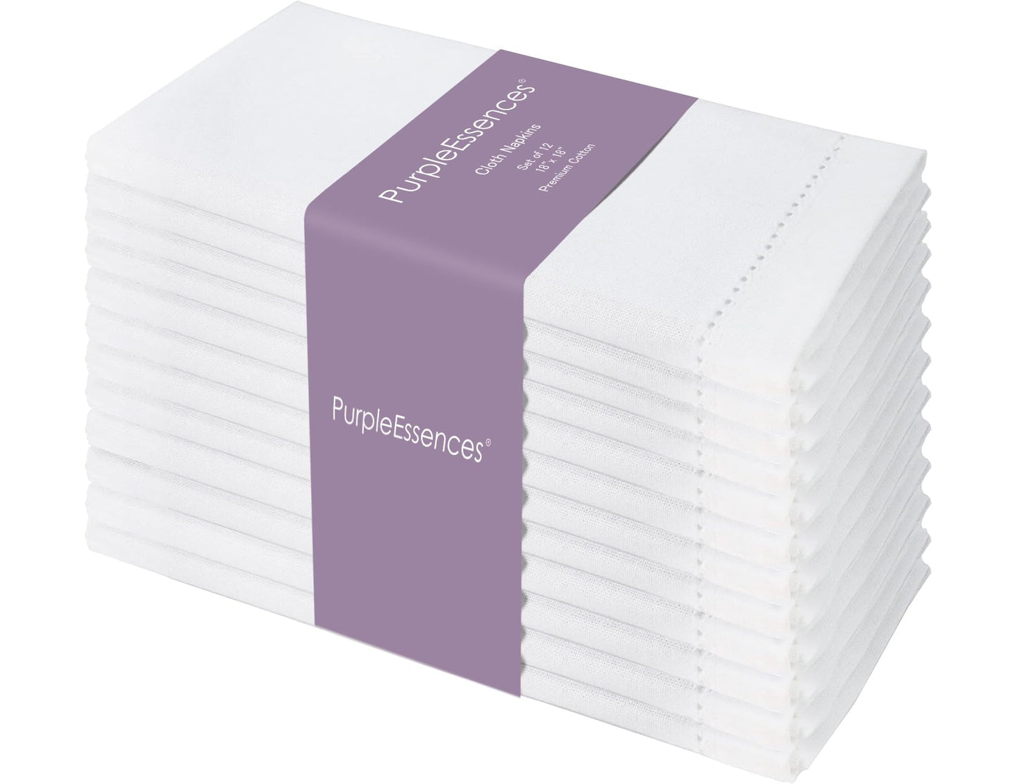 PurpleEssences Set of 12 Hemstitch Cloth Dinner Napkins 100% Cotton - Soft Durable Washable - Ideal for Wedding Spring Easter Summer - Perfect Everyday Use Table Linen 18x18 - White