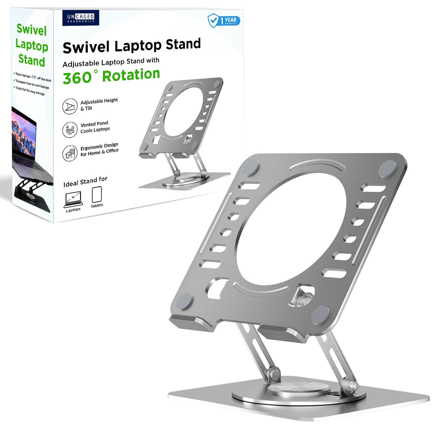 Uncaged Ergonomics Swivel Laptop Stand for Desk, Adjustable Computer iPad Stand for Desk w/ 360 Rotation, Portable Laptop Holder for Home Office Ergonomic Supplies