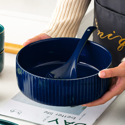UUEMB Extra Large Salad Bowl, 2800ml Ceramic Fruit Bowl, Stylish Navy Blue Round Vertical Stripe Soup Bowl, Serving Bowl for Salad, Fruit, Noodle, Soup(23.5x8.8cm, 95oz)