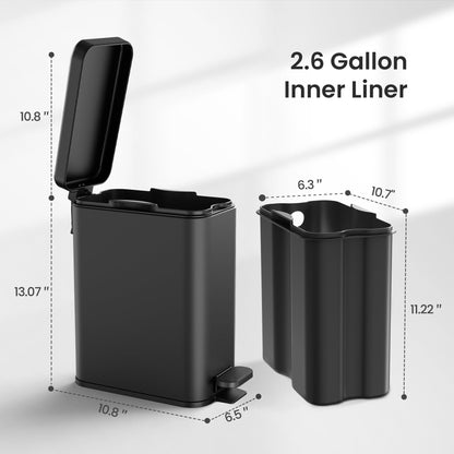 Cesun Bathroom Trash Can with Lid, 2.6 Gallon Small Black Bathroom Garbage Can Soft Close, Stainless Steel Waste Basket with Step Pedal for Bedroom, Laundry Room, Living Room, Home Office, Toilet, RV
