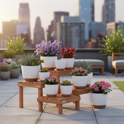 LIFFY Plant Pots, 8,7.5,7,6.5,6,5.5,5 Inch Plastic Self Watering Planters with Drainage Holes & Saucers, 7-Pack White Nursery Planting Pot with Deep Reservoir for Indoor Outdoor Plants