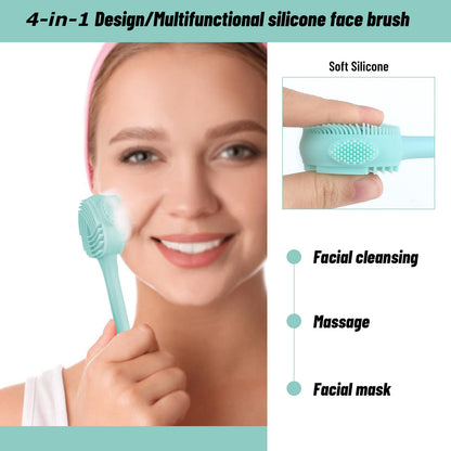 Silicone Facial Cleansing Brush 3 Pack, Beomeen 4 in 1 Handheld Face Scrubber for Deep Gentle Exfoliating, Double-Ended Face Wash Scrub Brush for Face Skincare and Massage (Green)