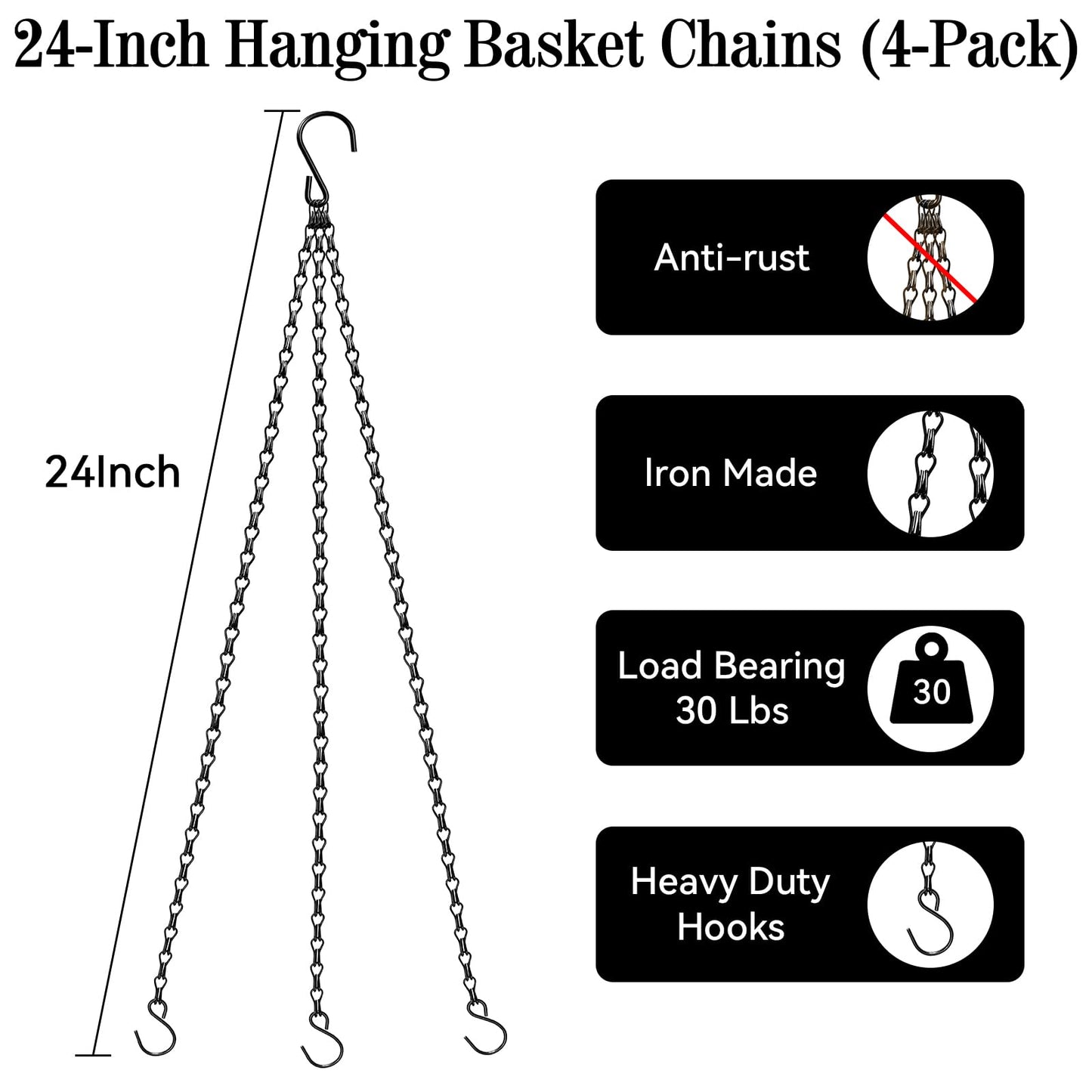 ZeeDix 4 Pack, 24 Inch Hanging Basket Chain with Hooks, Black Metal Planter Flower Pot Chain for Hanging Plants Outdoor, Adjustable Replacement Chain Plant Hangers for Lanterns Bird Feeders & Flowers