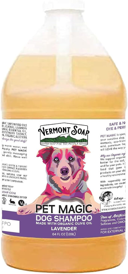 VERMONT SOAP Organics Pet Shampoo - Infused with Organic & Natural Olive Oil, Coconut & Aloe Vera Dog Shampoo for Sensitive Skin - USDA Certified Grooming, Lavender (64oz)